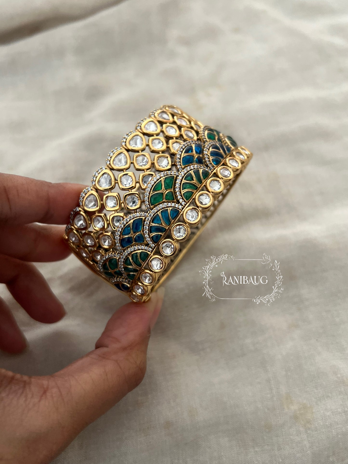 Ranisa Royal Mossainite Rich Enamel Designer Statement Cuff Bangle Kada For Wedding By Ranibaug