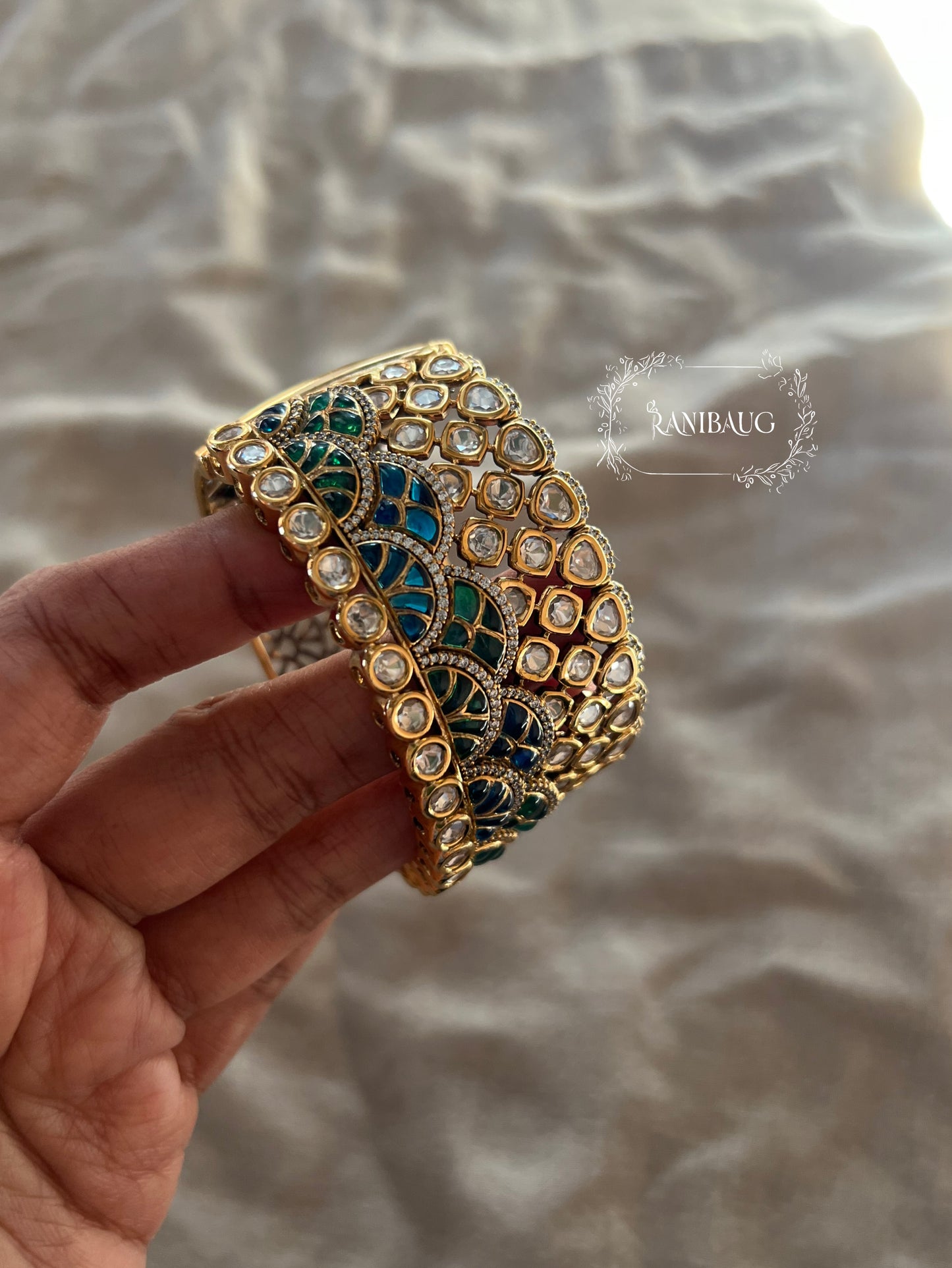 Ranisa Royal Mossainite Rich Enamel Designer Statement Cuff Bangle Kada For Wedding By Ranibaug