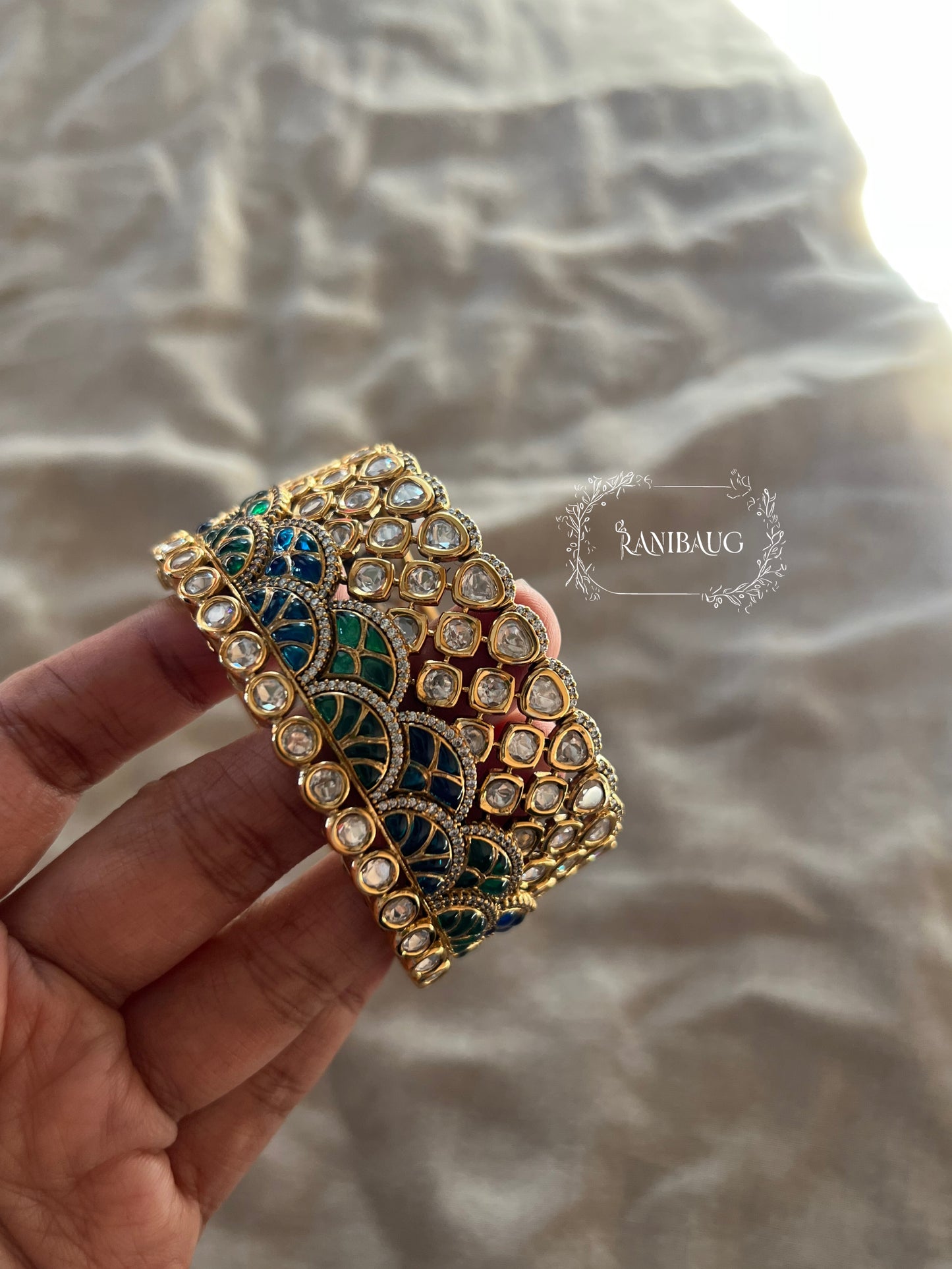 Ranisa Royal Mossainite Rich Enamel Designer Statement Cuff Bangle Kada For Wedding By Ranibaug