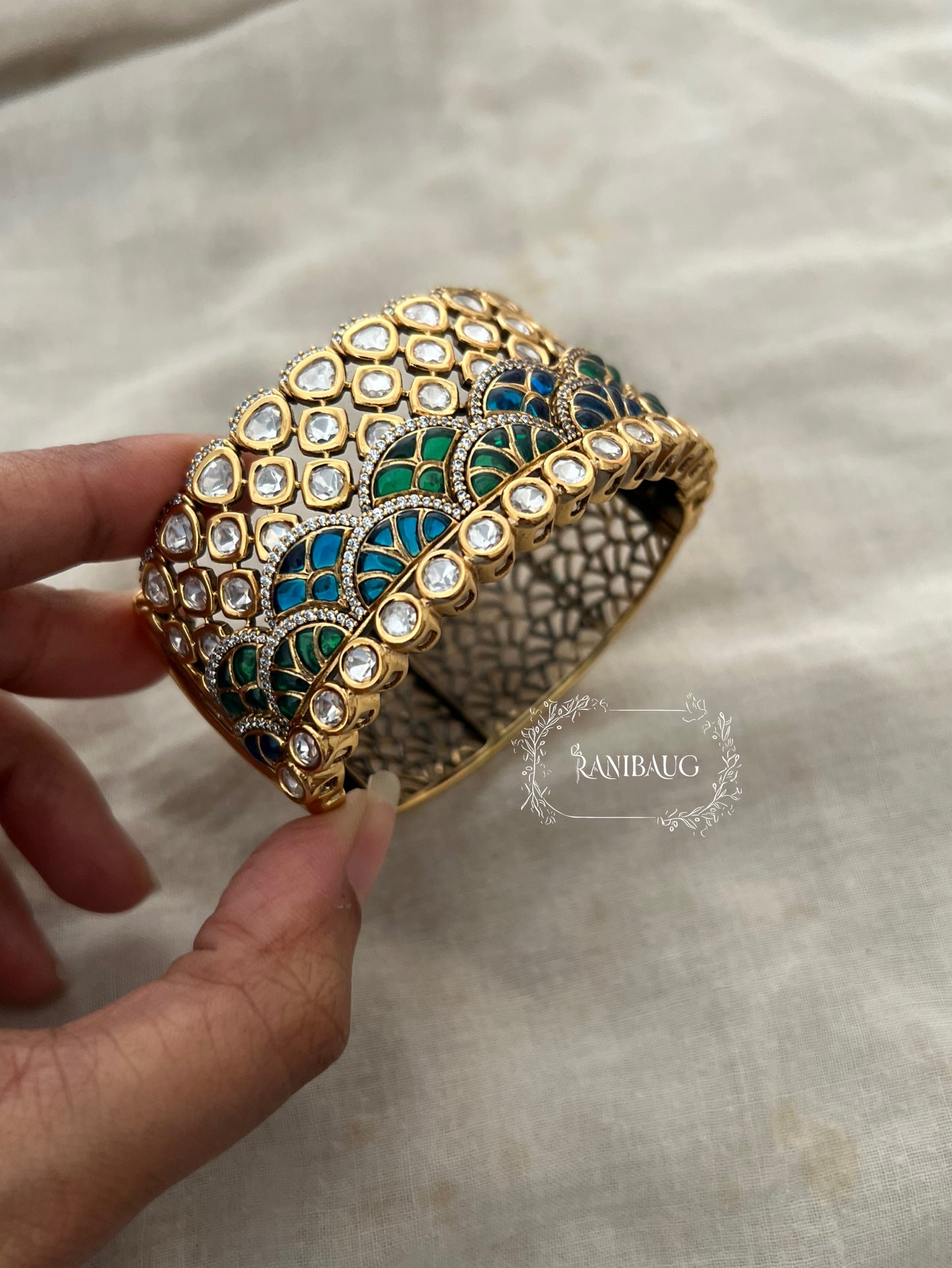 Ranisa Royal Mossainite Rich Enamel Designer Statement Cuff Bangle Kada For Wedding By Ranibaug