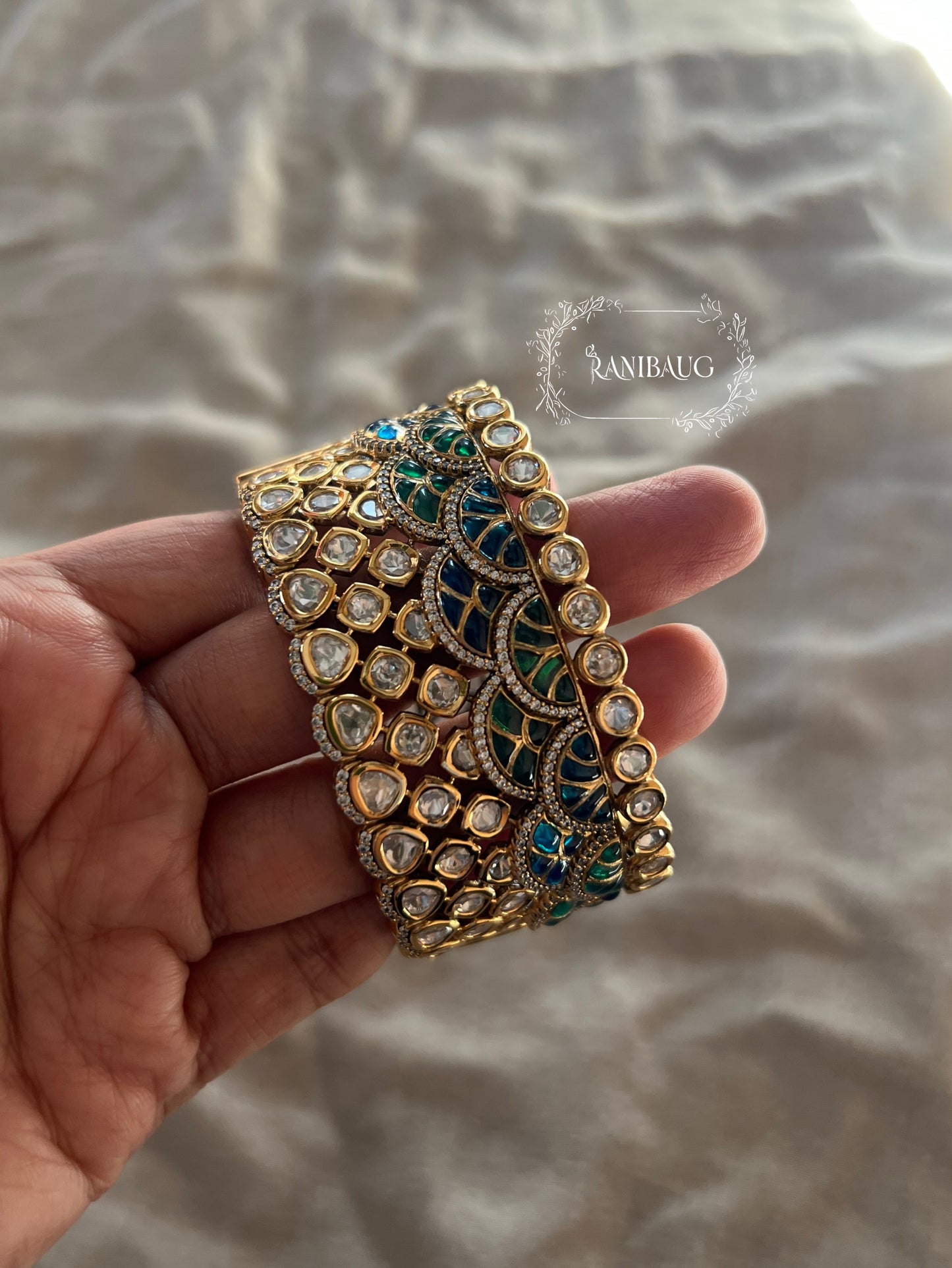 Ranisa Royal Mossainite Rich Enamel Designer Statement Cuff Bangle Kada For Wedding By Ranibaug