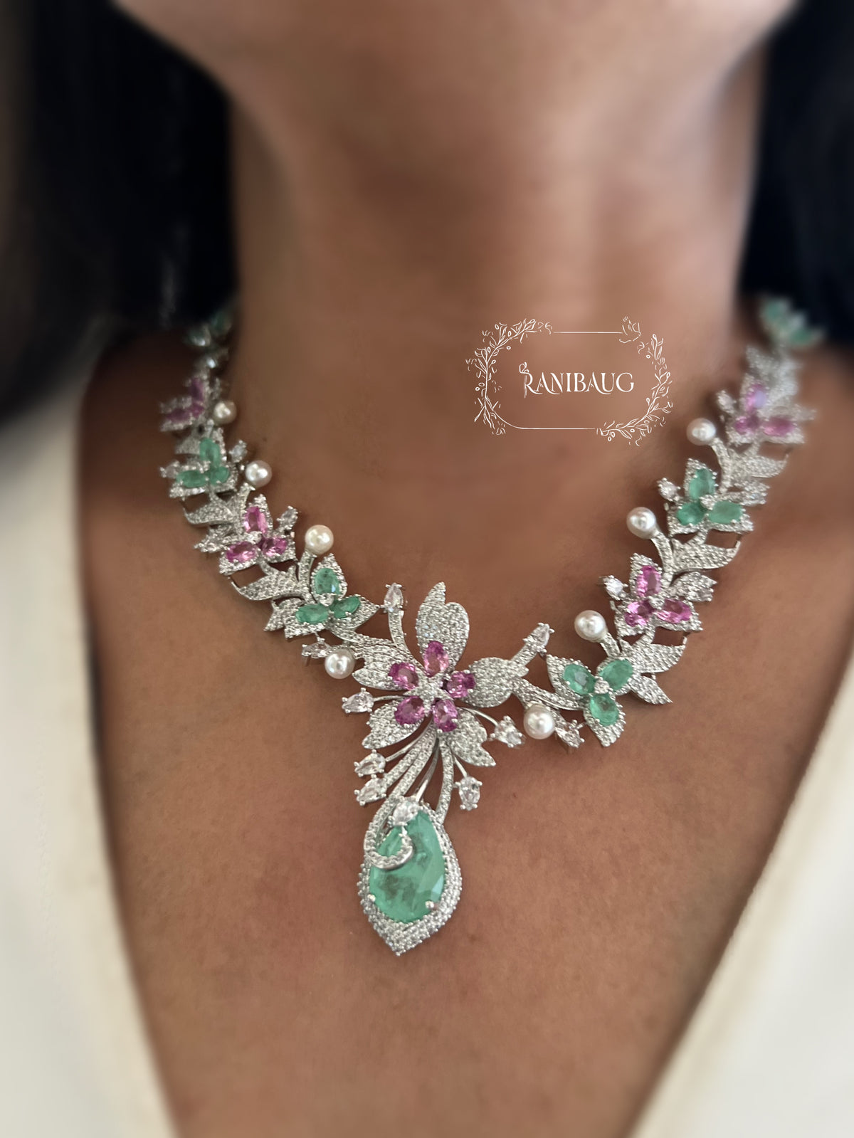Rashi Floral Mint Pink Designer Diamond Jewelry Set By Ranibaug