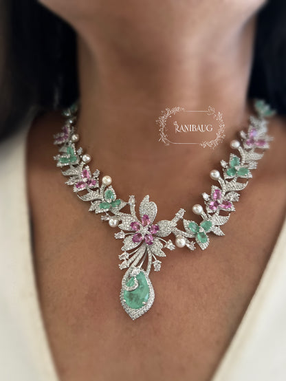 Rashi Floral Mint Pink Designer Diamond Jewelry Set By Ranibaug