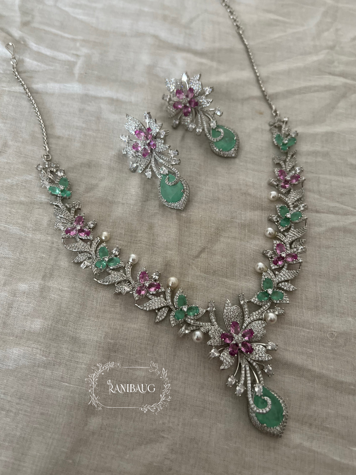 Rashi Floral Mint Pink Designer Diamond Jewelry Set By Ranibaug