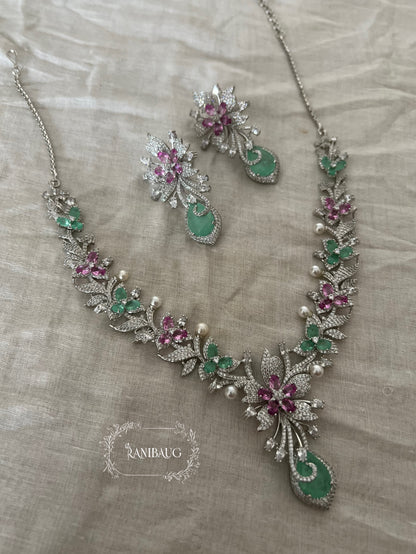 Rashi Floral Mint Pink Designer Diamond Jewelry Set By Ranibaug