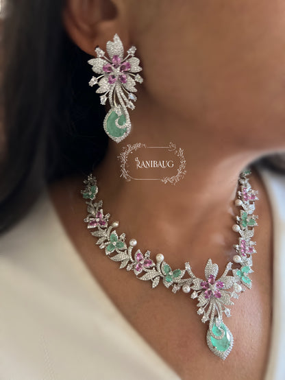 Rashi Floral Mint Pink Designer Diamond Jewelry Set By Ranibaug