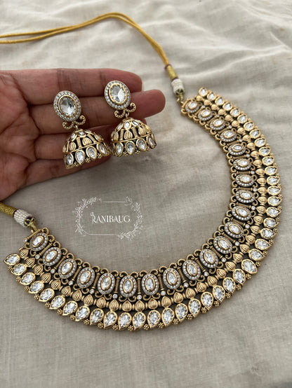 Rashi Round Polki Kundan Studded In Matt Gold Finish With Jhumka Heritage Necklace Set By Ranibaug