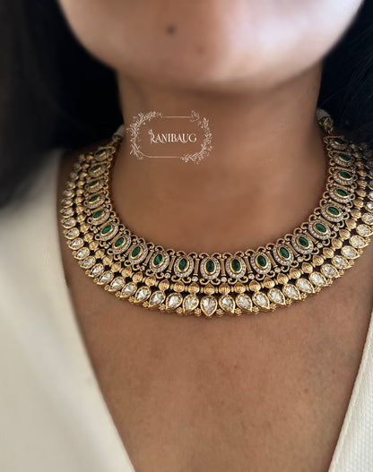 Rashi Round Polki Kundan Studded In Matt Gold Finish With Jhumka Heritage Necklace Set By Ranibaug