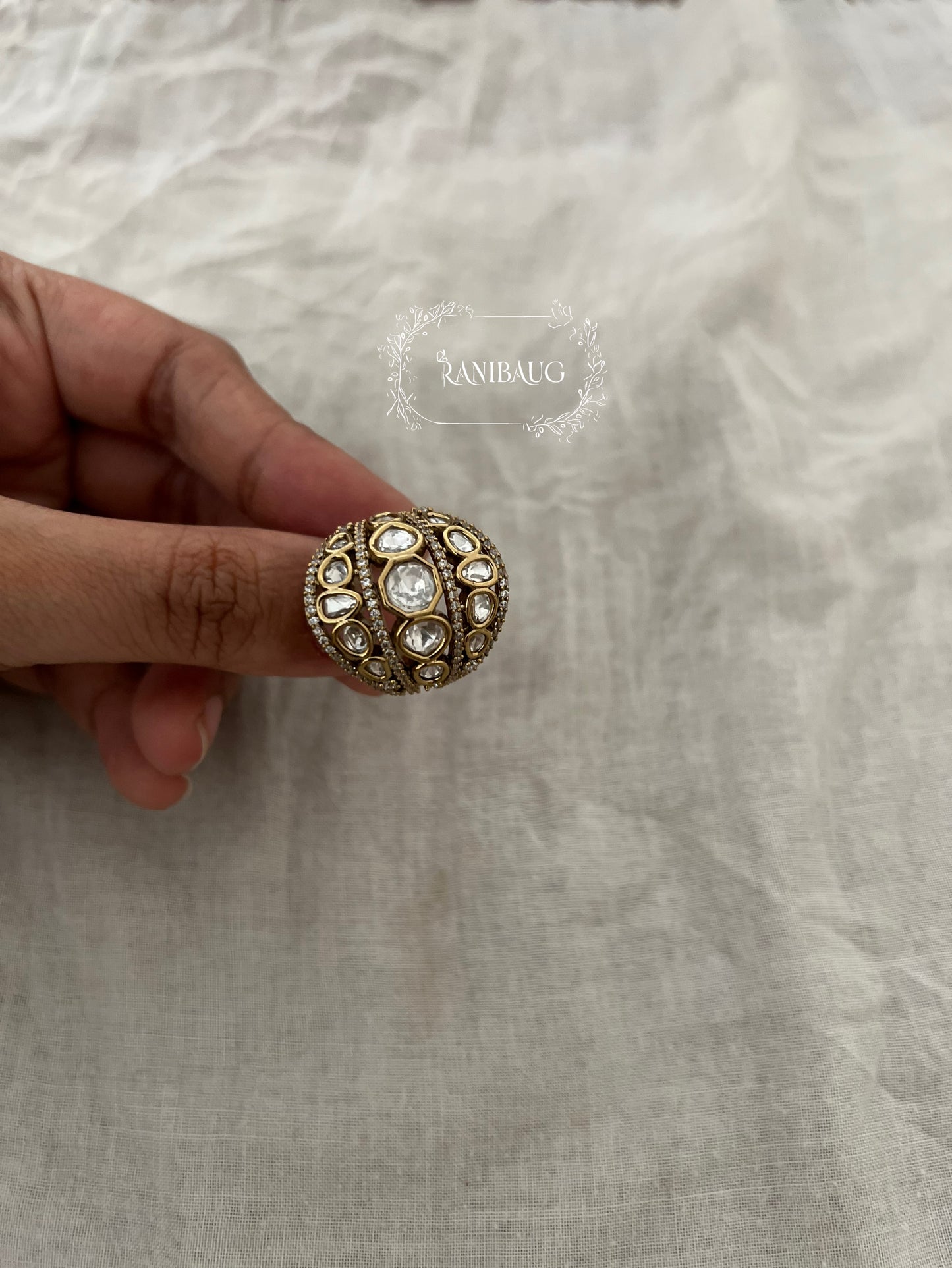 Rashi Victorian Finish Gold Plaed Polki Kundan Ring By Ranibaug