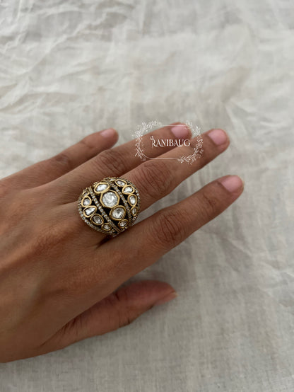 Rashi Victorian Finish Gold Plaed Polki Kundan Ring By Ranibaug