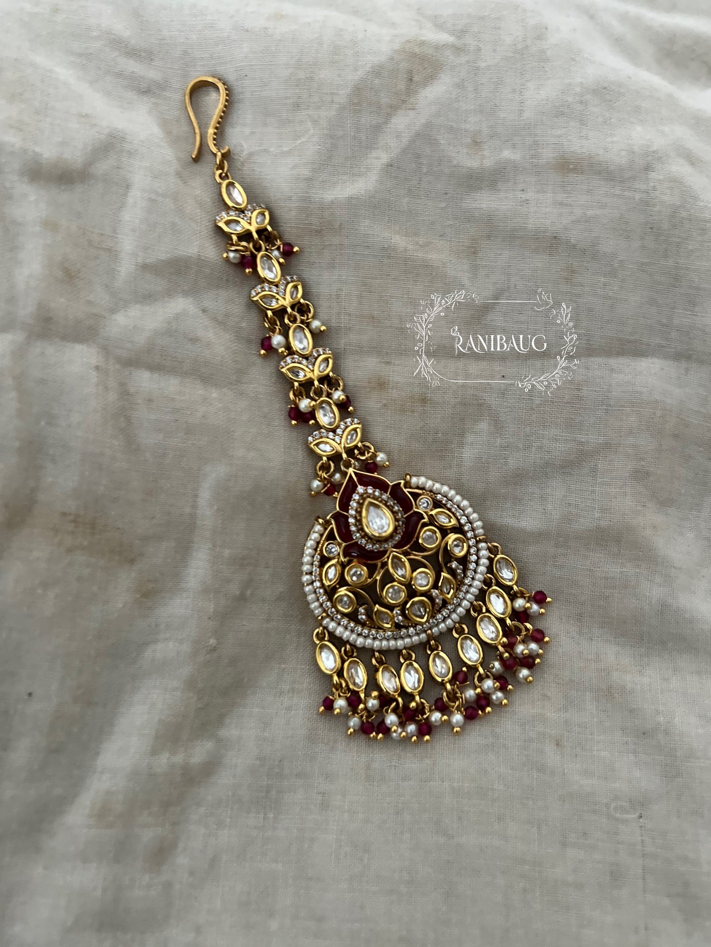 Rashika Polki Pear Studded Designer Indian Gold Finish Maang Tikka Jewelry By Ranibaug