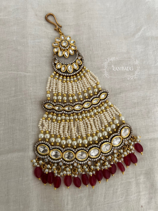 Rashmika Heavy Polki Studded Gold Finish Deep Red Bead And Pearl Accents Passa Hair Jewelry By Ranibaug