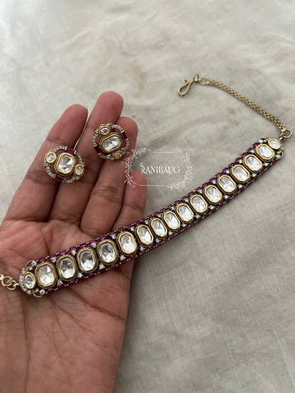 Rashmika Polki Classic Gold Finish Choker Necklace With Ear Studs By Ranibaug