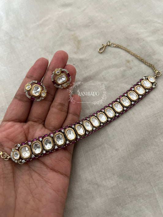 Rashmika Polki Classic Gold Finish Choker Necklace With Ear Studs By Ranibaug
