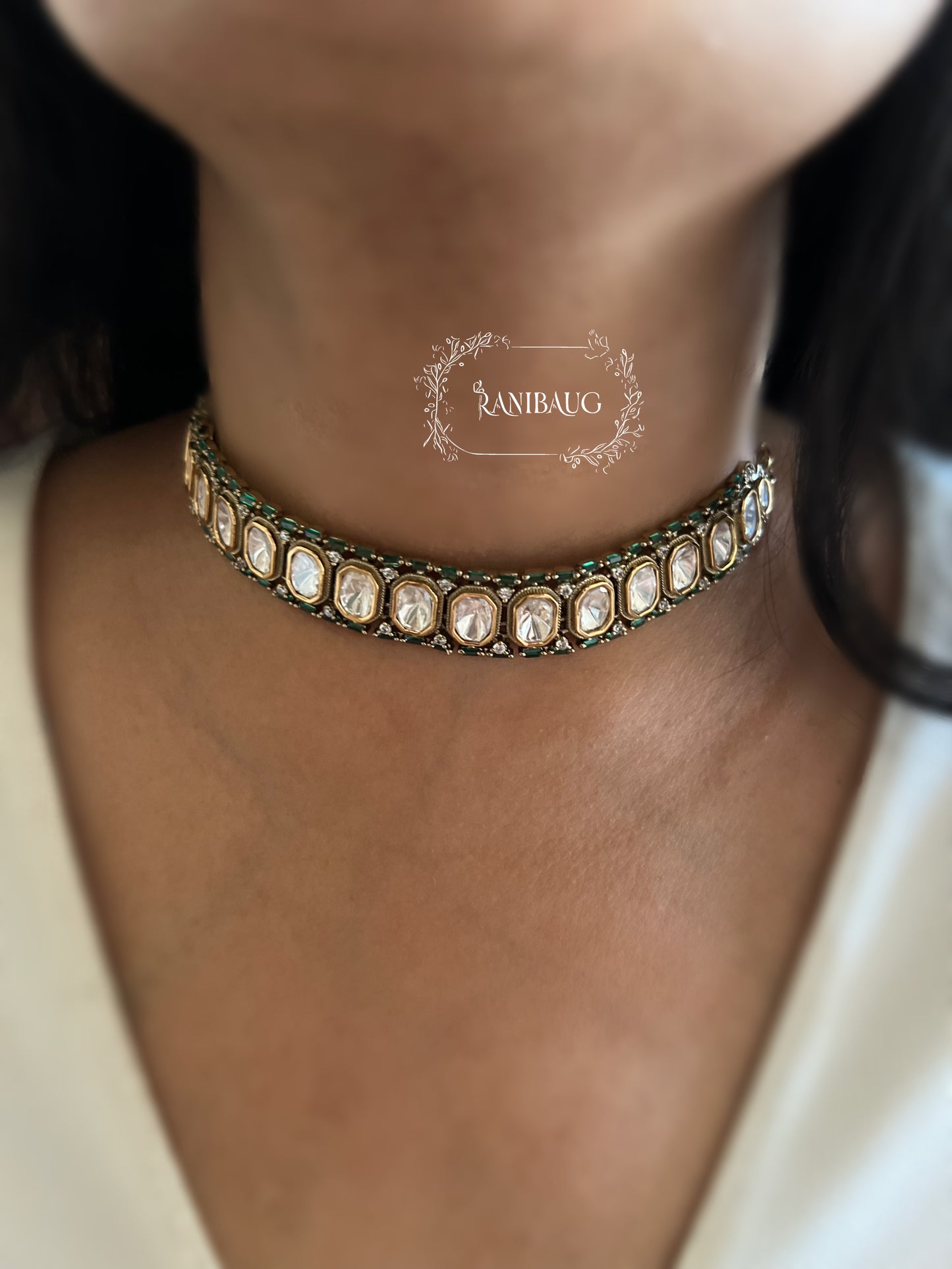 Rashmika Polki Classic Gold Finish Choker Necklace With Ear Studs By Ranibaug