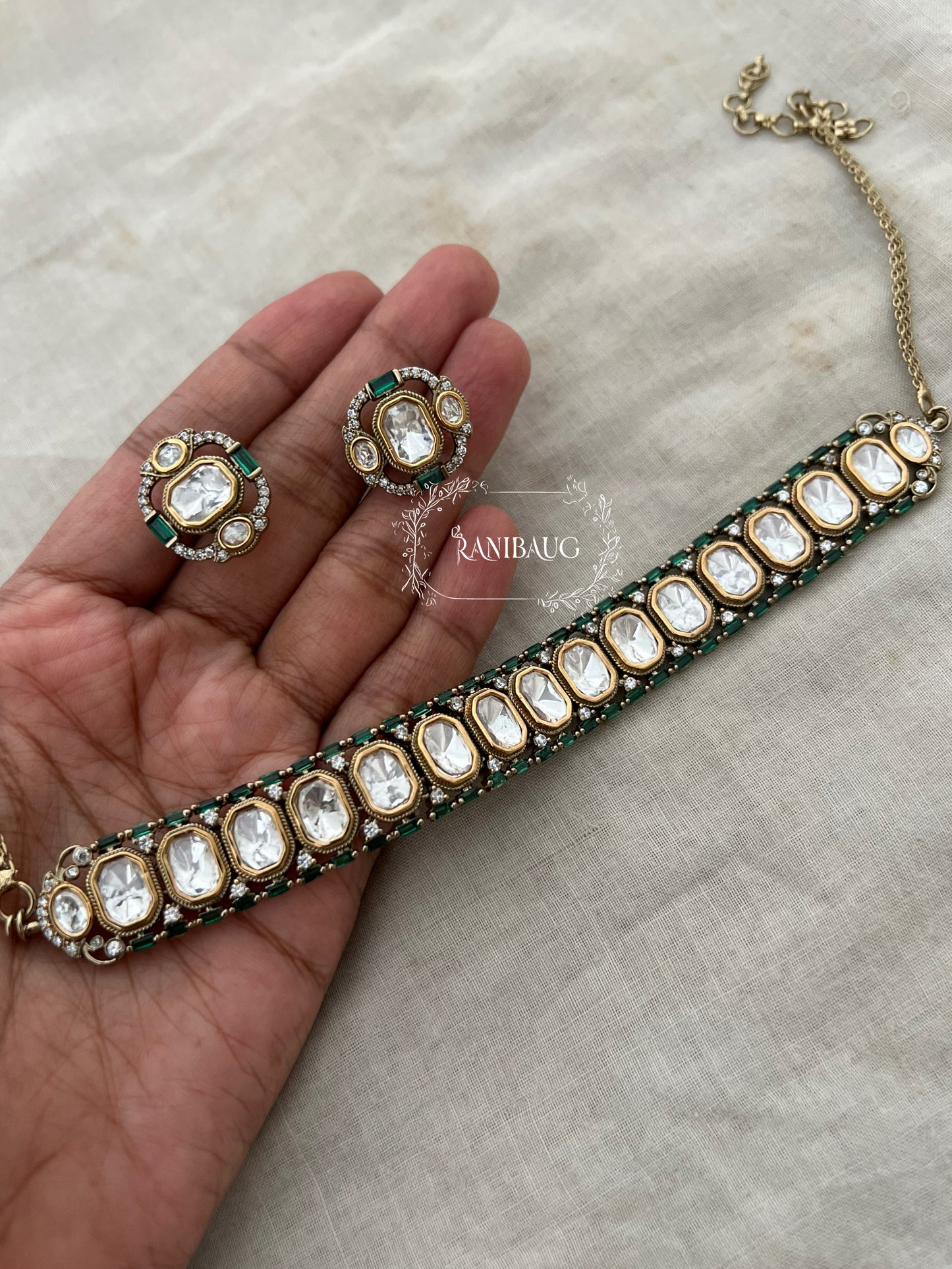Rashmika Polki Classic Gold Finish Choker Necklace With Ear Studs By Ranibaug