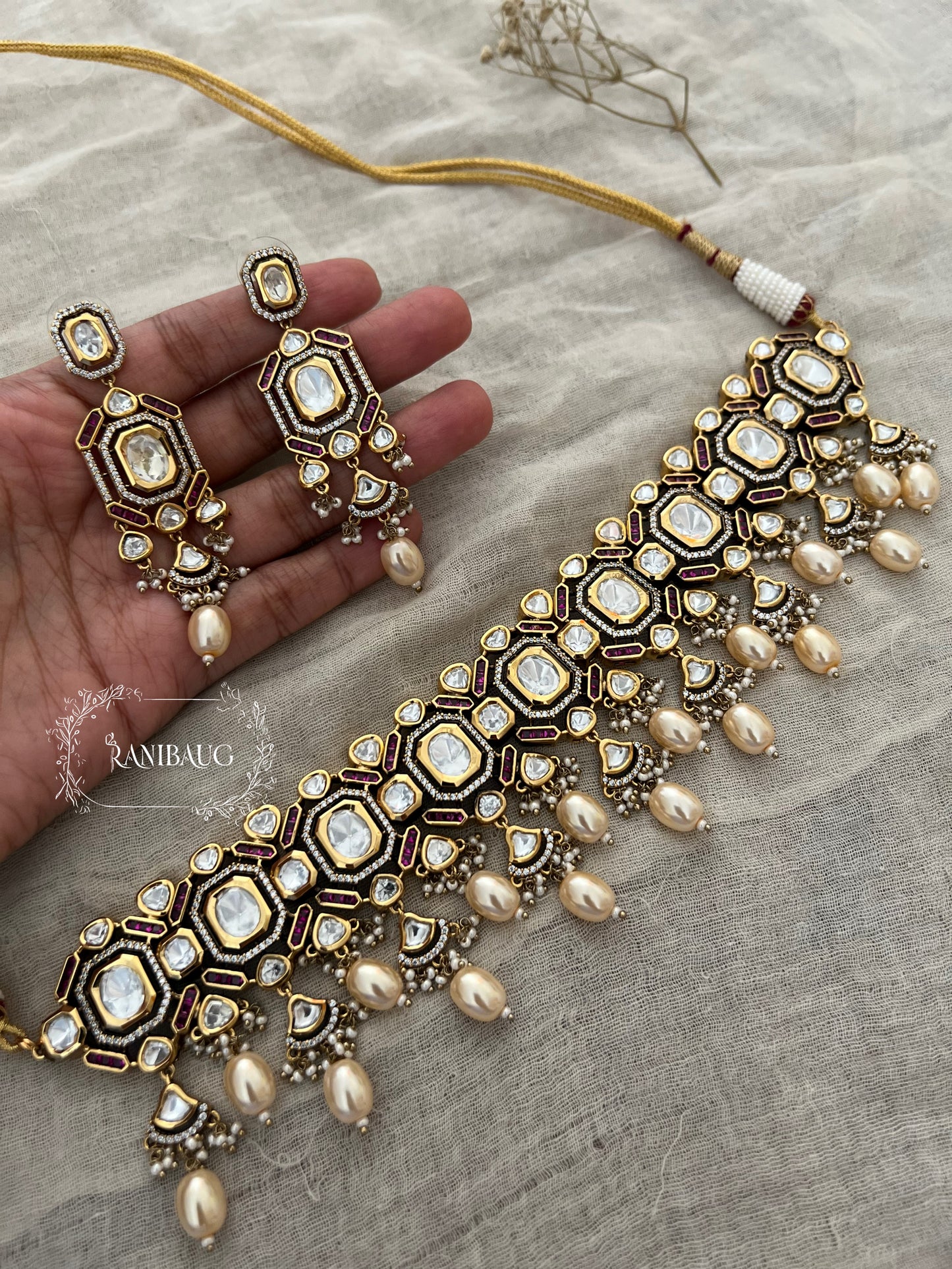 Rasika Gold Plated Kundan Studded Necklace Jewellery Set By Ranibaug With Pearl Fringes