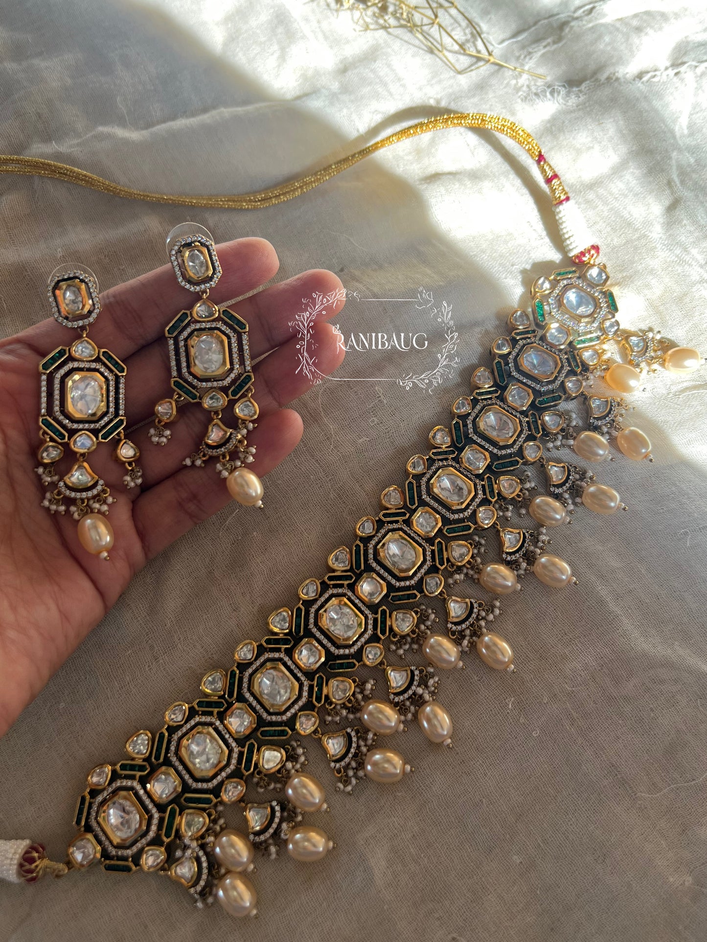 Rasika Gold Plated Kundan Studded Necklace Jewellery Set By Ranibaug With Pearl Fringes
