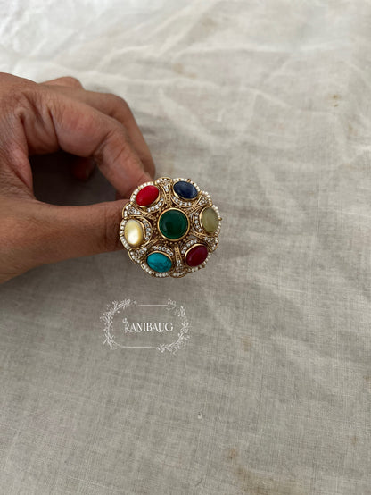 Ratan Navratna Inspired Multicolor Gemstones Indian Ring Antique Jewelry By Ranibaug