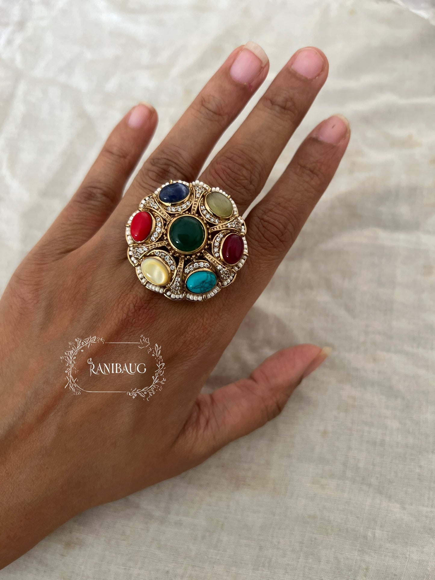 Ratan Navratna Inspired Multicolor Gemstones Indian Ring Antique Jewelry By Ranibaug