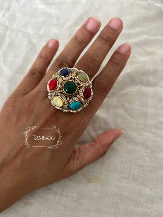Ratan Navratna Inspired Multicolor Gemstones Indian Ring Antique Jewelry By Ranibaug