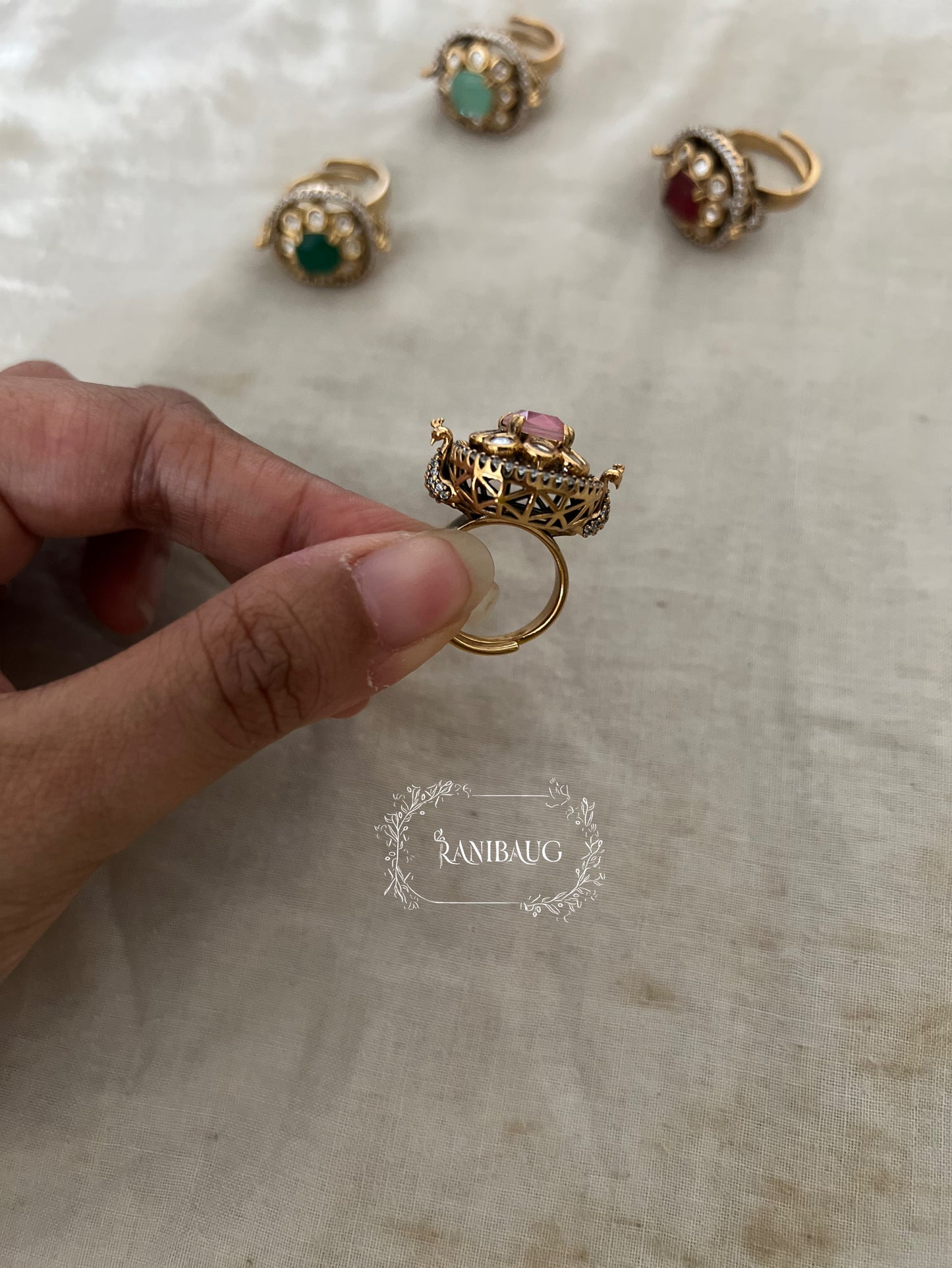Ratnavali Polki Victorian Finish Gemstone Designer Festive Ring Jewelry By Ranibaug