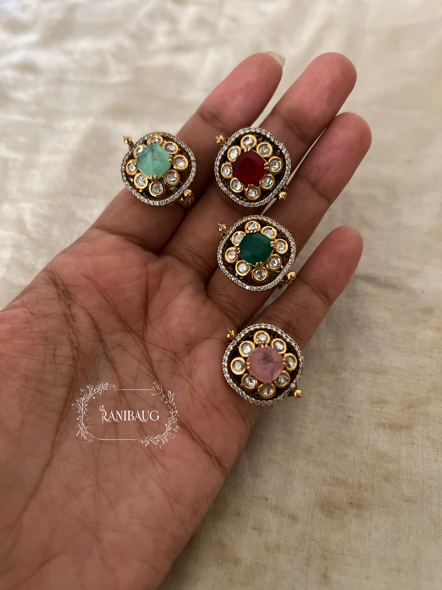 Ratnavali Polki Victorian Finish Gemstone Designer Festive Ring Jewelry By Ranibaug