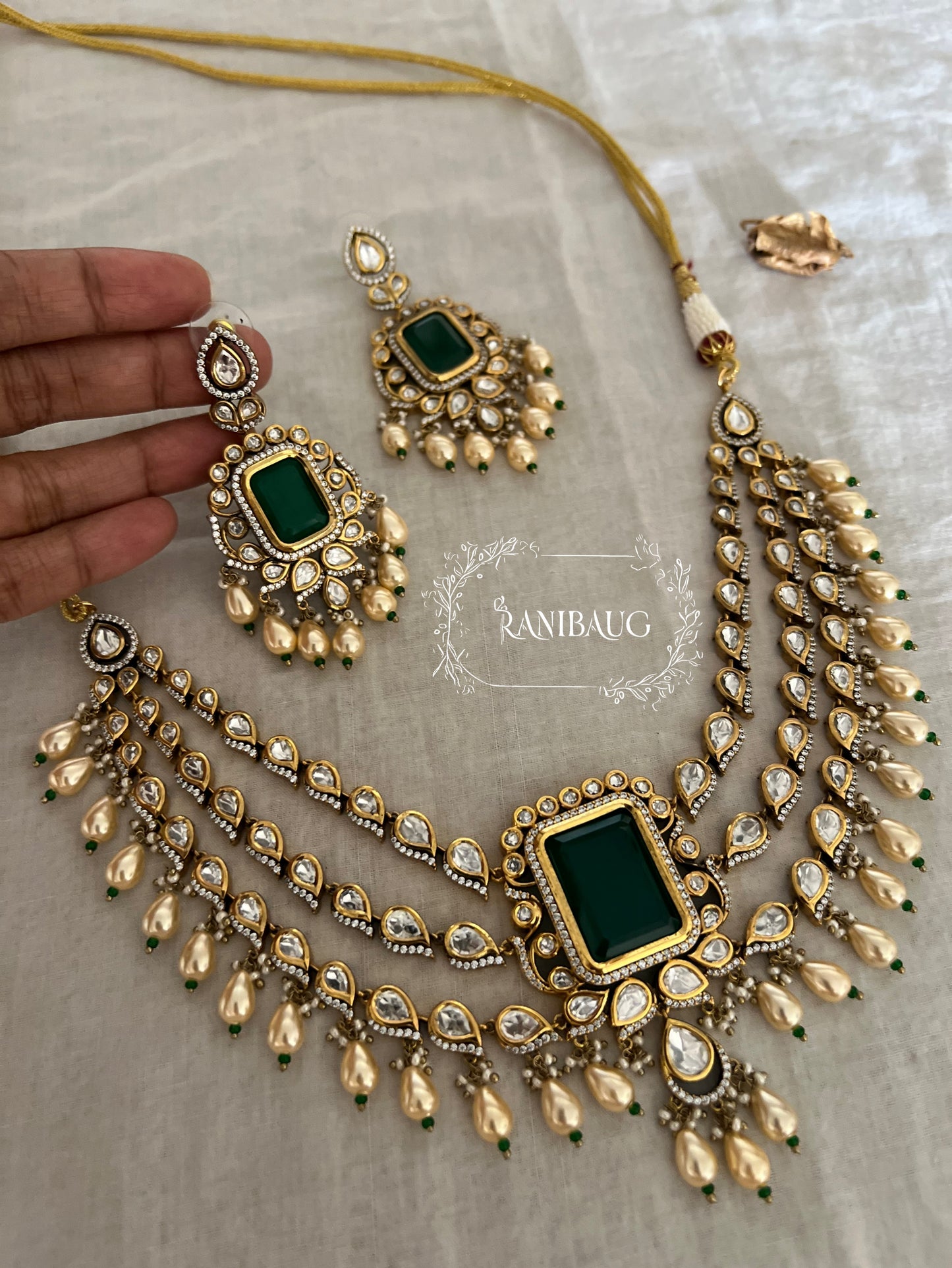 Ratnim Layered Polki Kundan Gold Finish Pearl Drops Royal Necklace Jewellery Set By Ranibaug