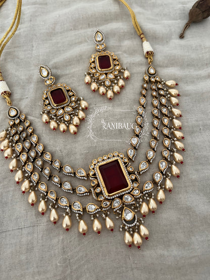 Ratnim Layered Polki Kundan Gold Finish Pearl Drops Royal Necklace Jewellery Set By Ranibaug