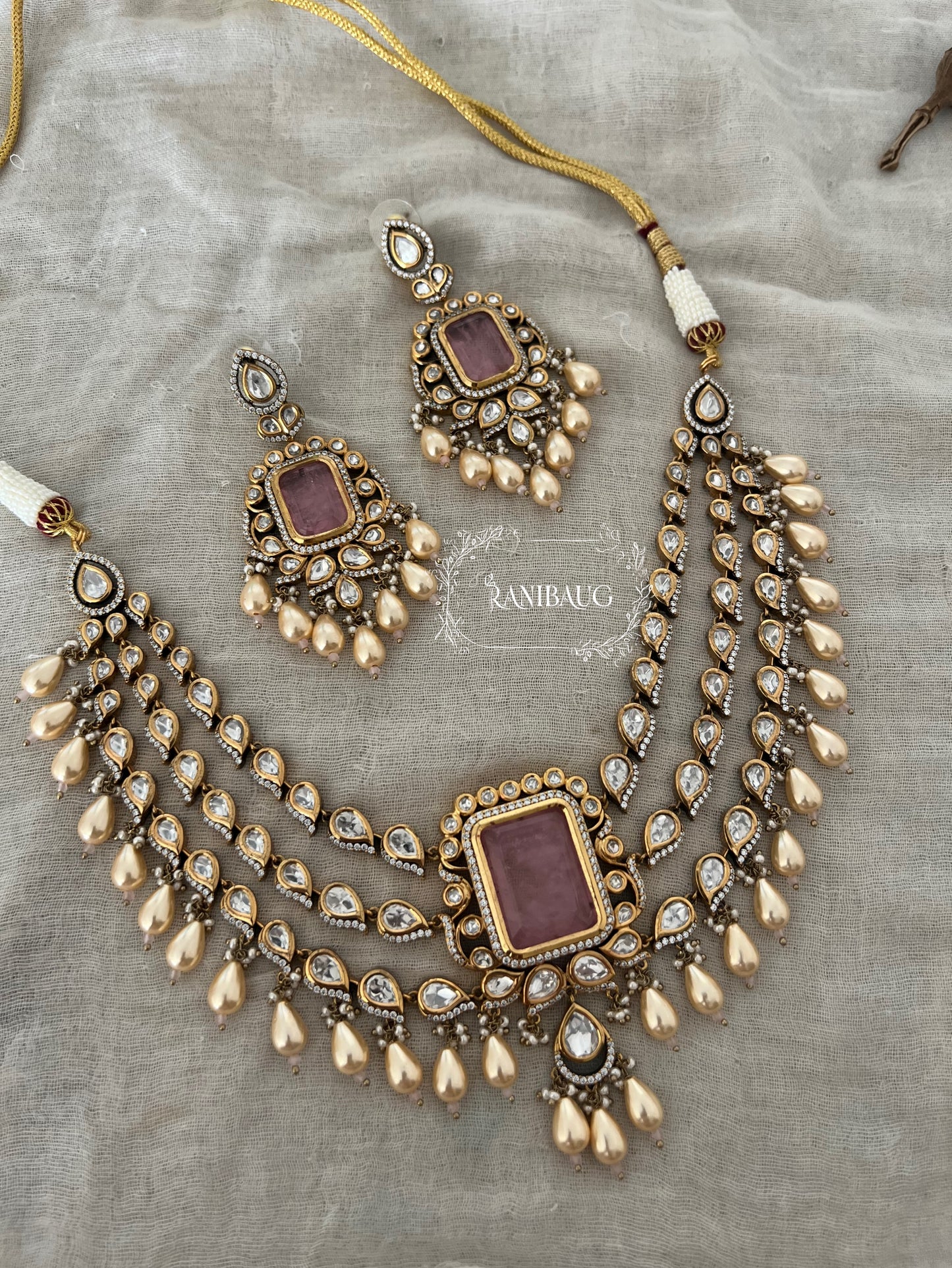 Ratnim Layered Polki Kundan Gold Finish Pearl Drops Royal Necklace Jewellery Set By Ranibaug