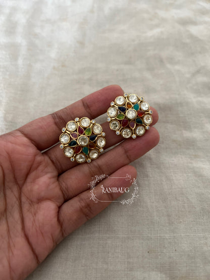 Ratnin Multicolored Gems Polki Studded Gold Floral Ear Studs By Ranibaug