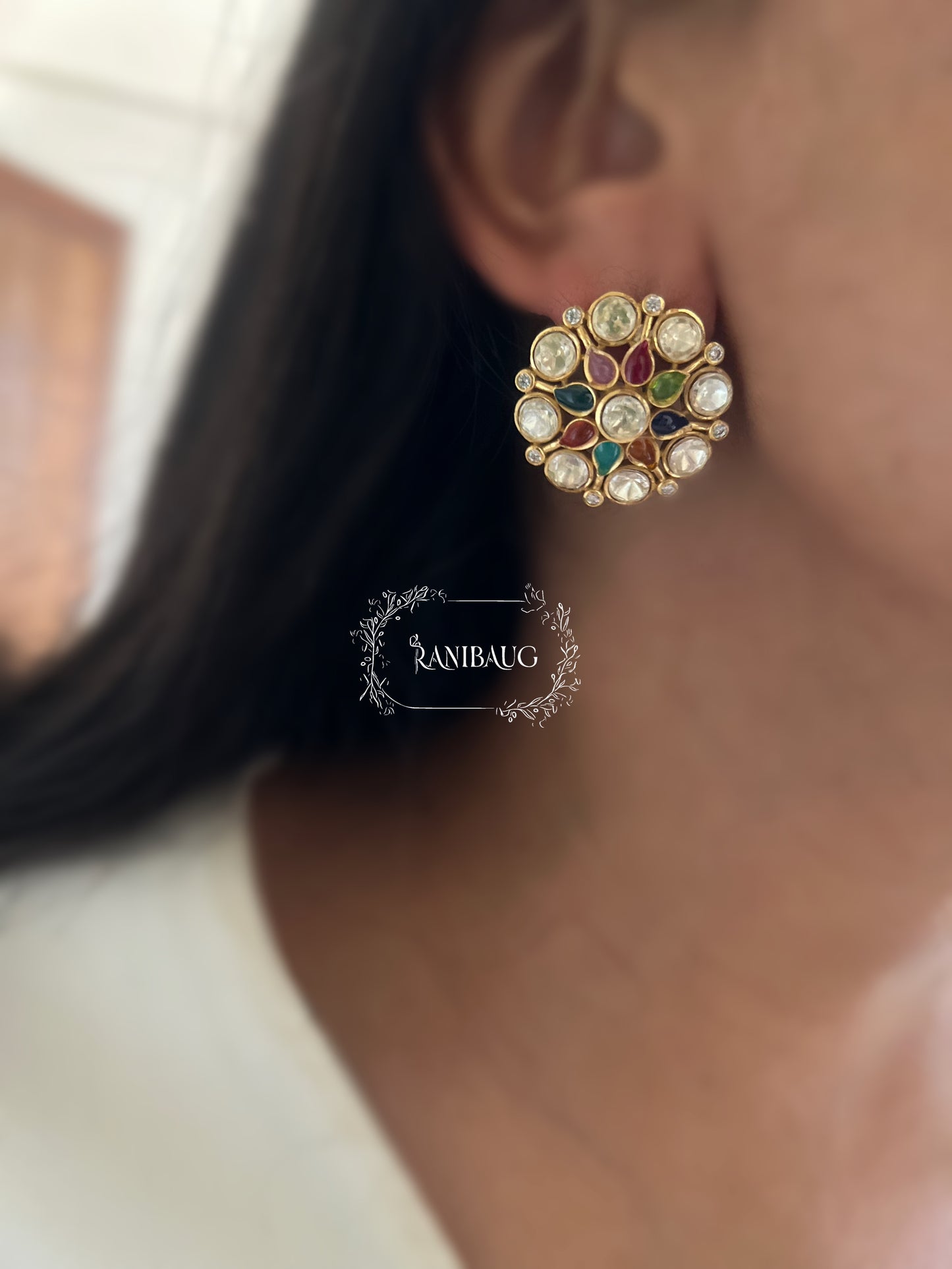 Ratnin Multicolored Gems Polki Studded Gold Floral Ear Studs By Ranibaug