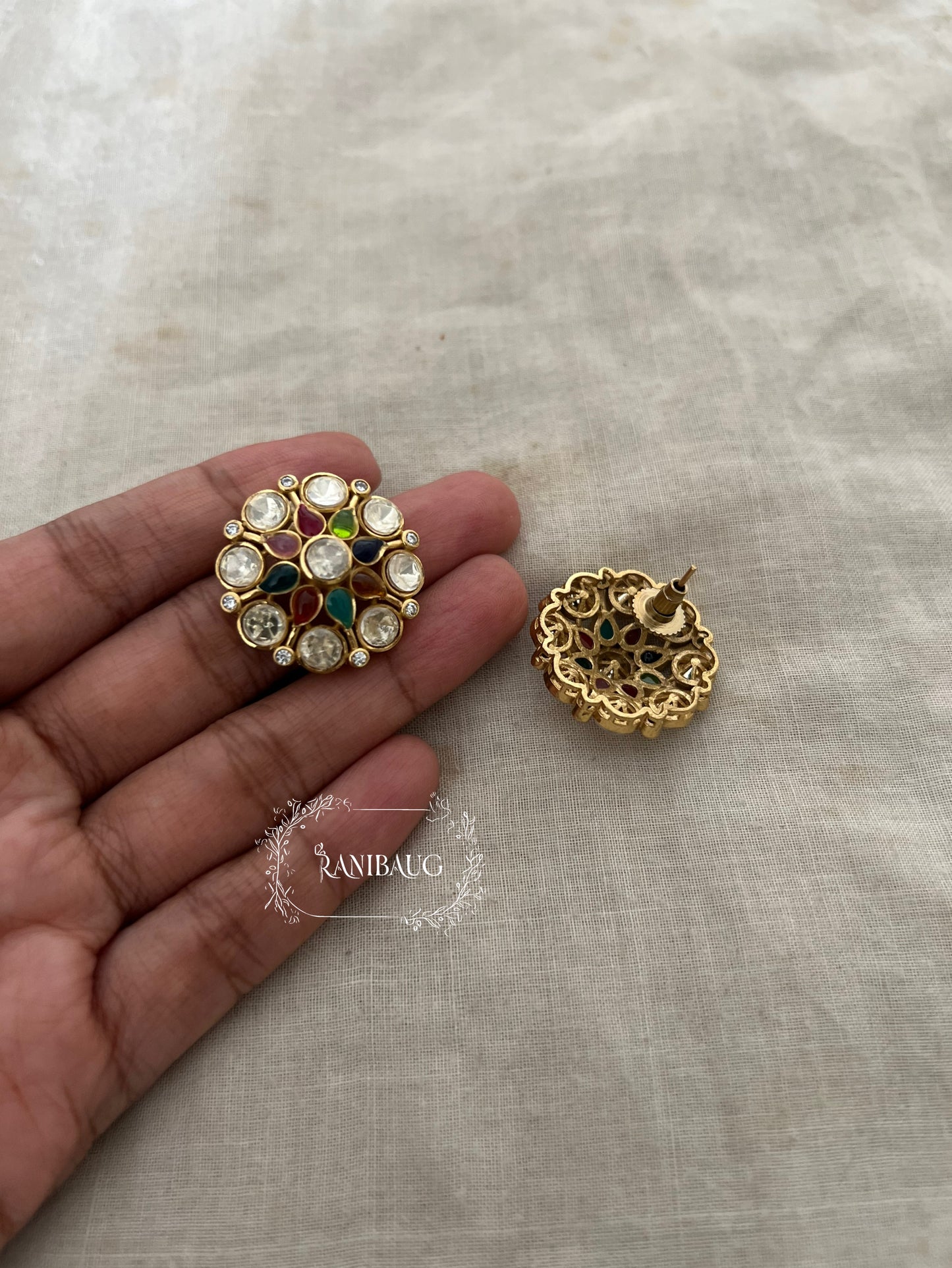 Ratnin Multicolored Gems Polki Studded Gold Floral Ear Studs By Ranibaug