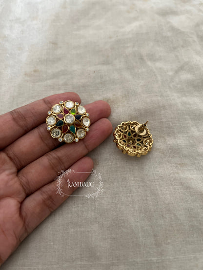 Ratnin Multicolored Gems Polki Studded Gold Floral Ear Studs By Ranibaug