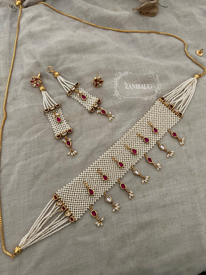 Reem Pearl Heritage Choker Set For Traditional Wear With Transformable Earrings By Ranibaug