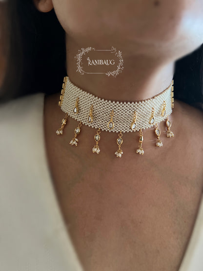 Reem Pearl Heritage Choker Set For Traditional Wear With Transformable Earrings By Ranibaug