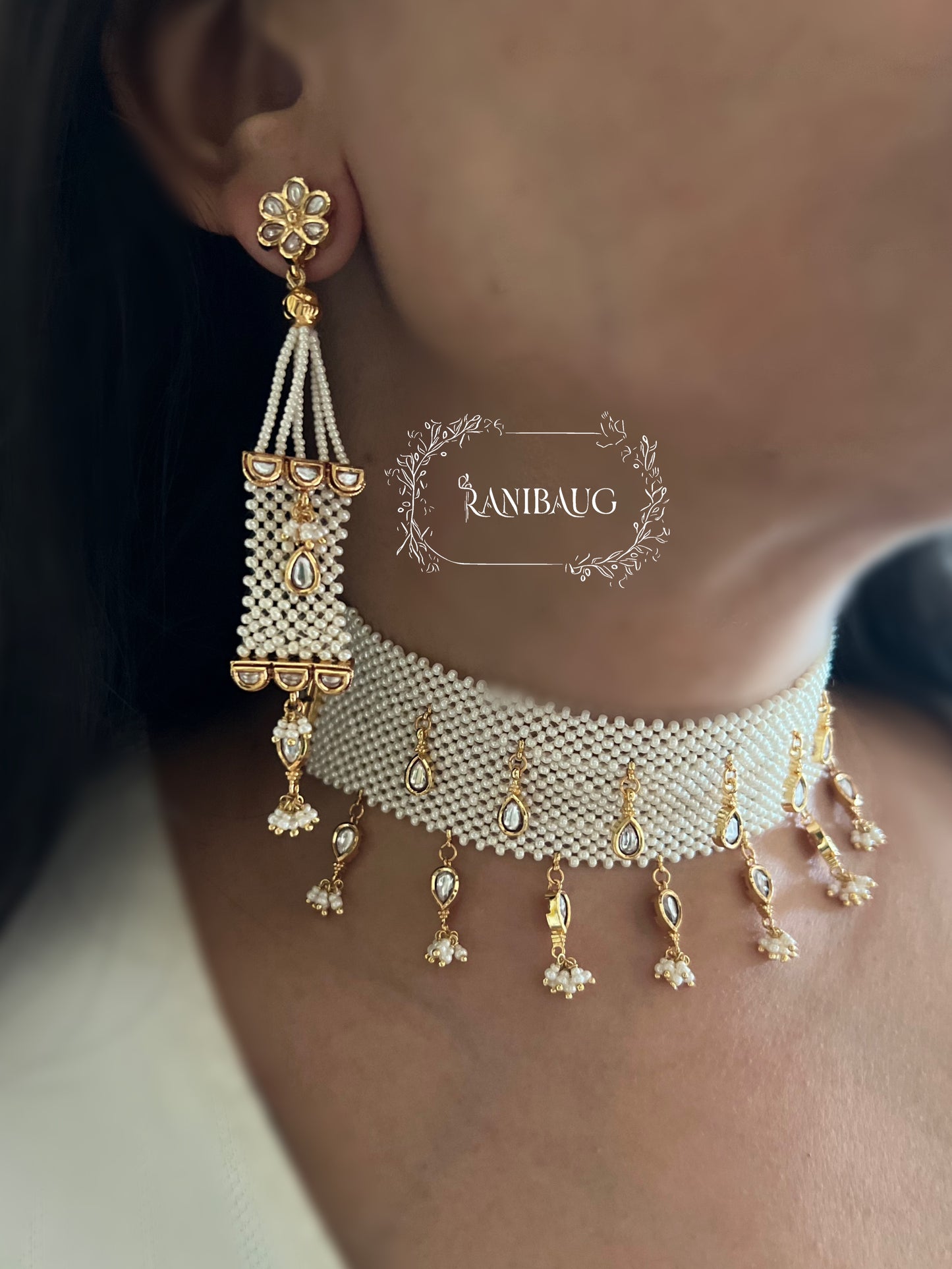 Reem Pearl Heritage Choker Set For Traditional Wear With Transformable Earrings By Ranibaug