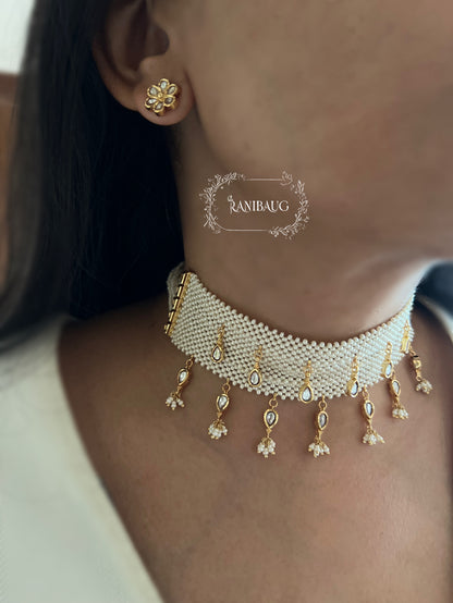 Reem Pearl Heritage Choker Set For Traditional Wear With Transformable Earrings By Ranibaug