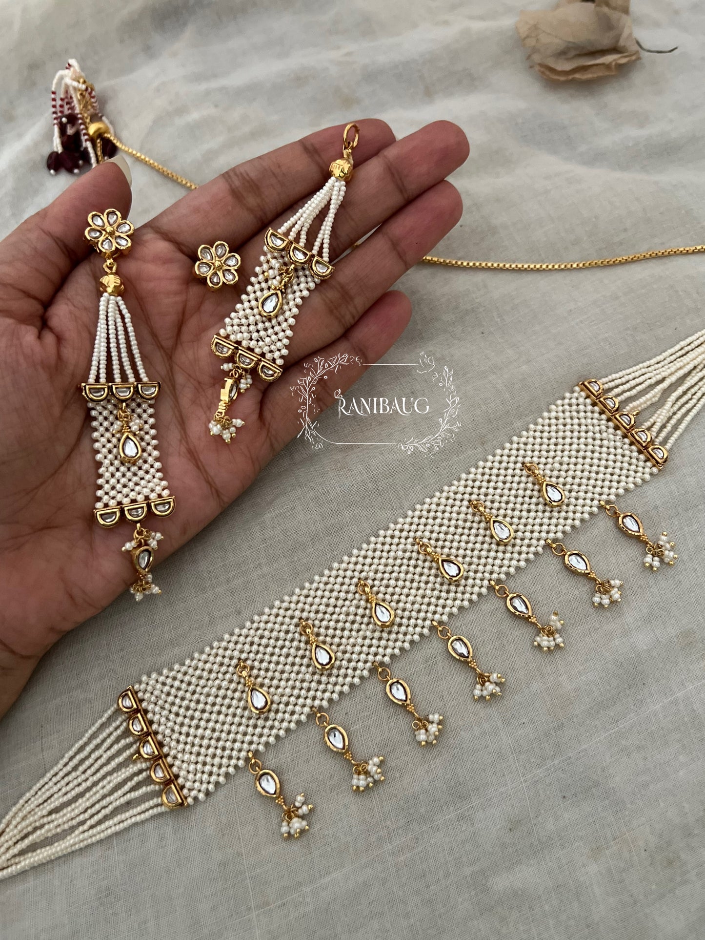 Reem Pearl Heritage Choker Set For Traditional Wear With Transformable Earrings By Ranibaug