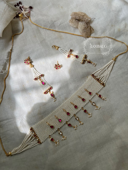Reem Pearl Heritage Choker Set For Traditional Wear With Transformable Earrings By Ranibaug