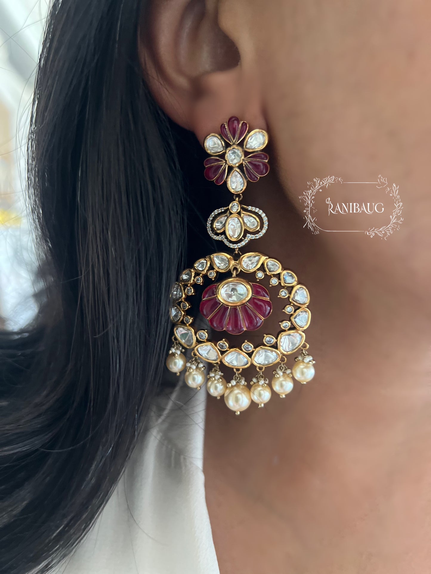 Reenu Ornate Pearl & Crystal Earrings Chandbali By Ranibaug