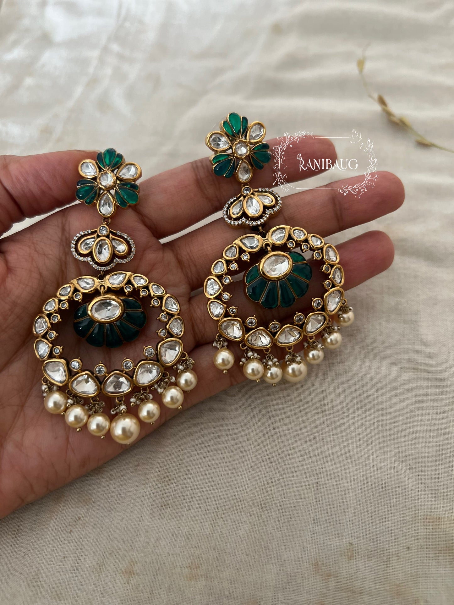 Reenu Ornate Pearl & Crystal Earrings Chandbali By Ranibaug