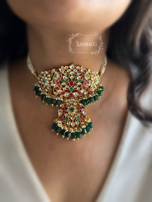 Reet Paachi Kundan Nature Inspired Bird And Floral Motifs In Ruby And Emerald Accents Heritage Choker By Ranibaug