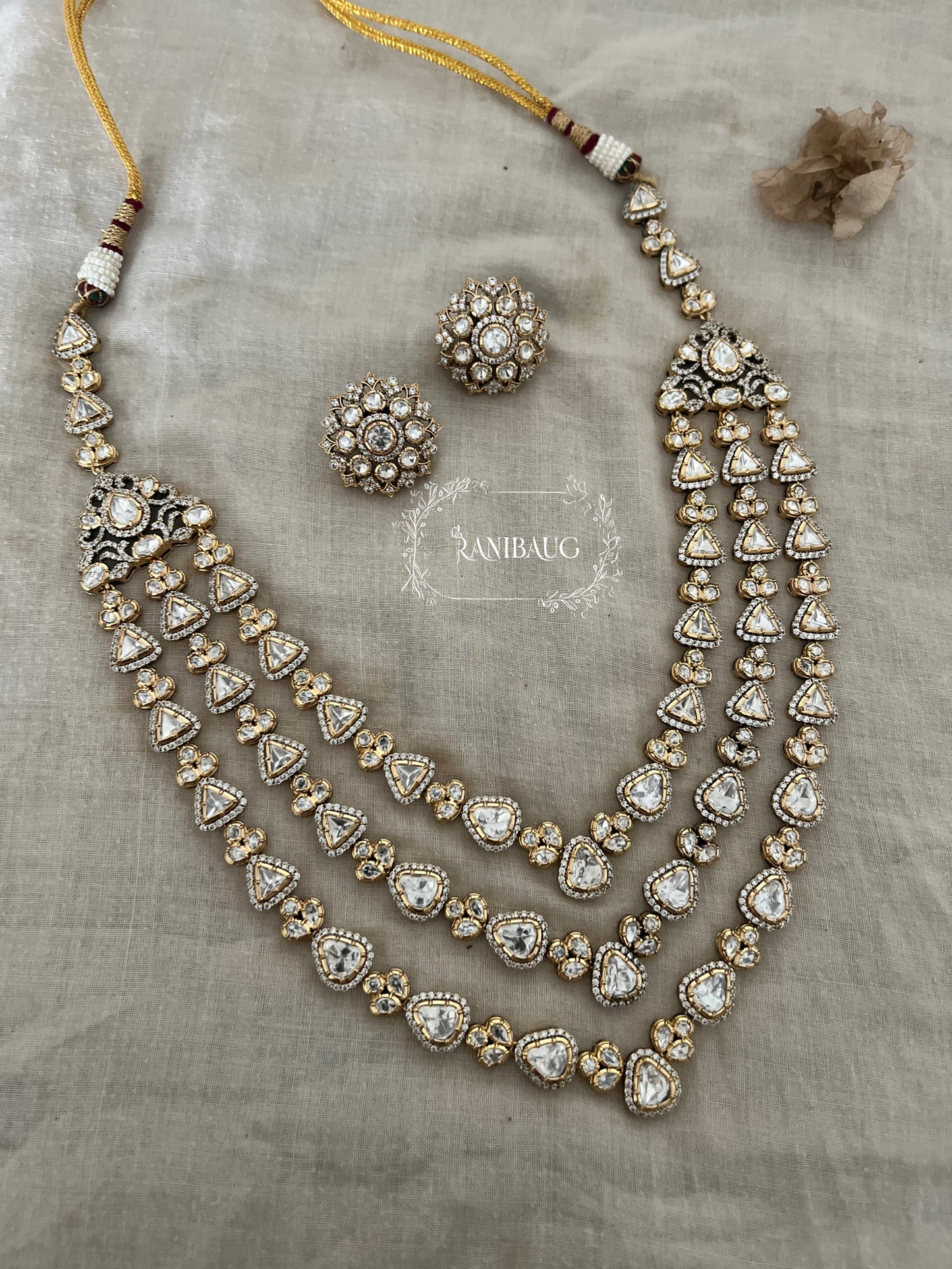 Reeti 3 Layered Polki Kundan Studded Royal Necklace Jewelry Set By Ranibaug