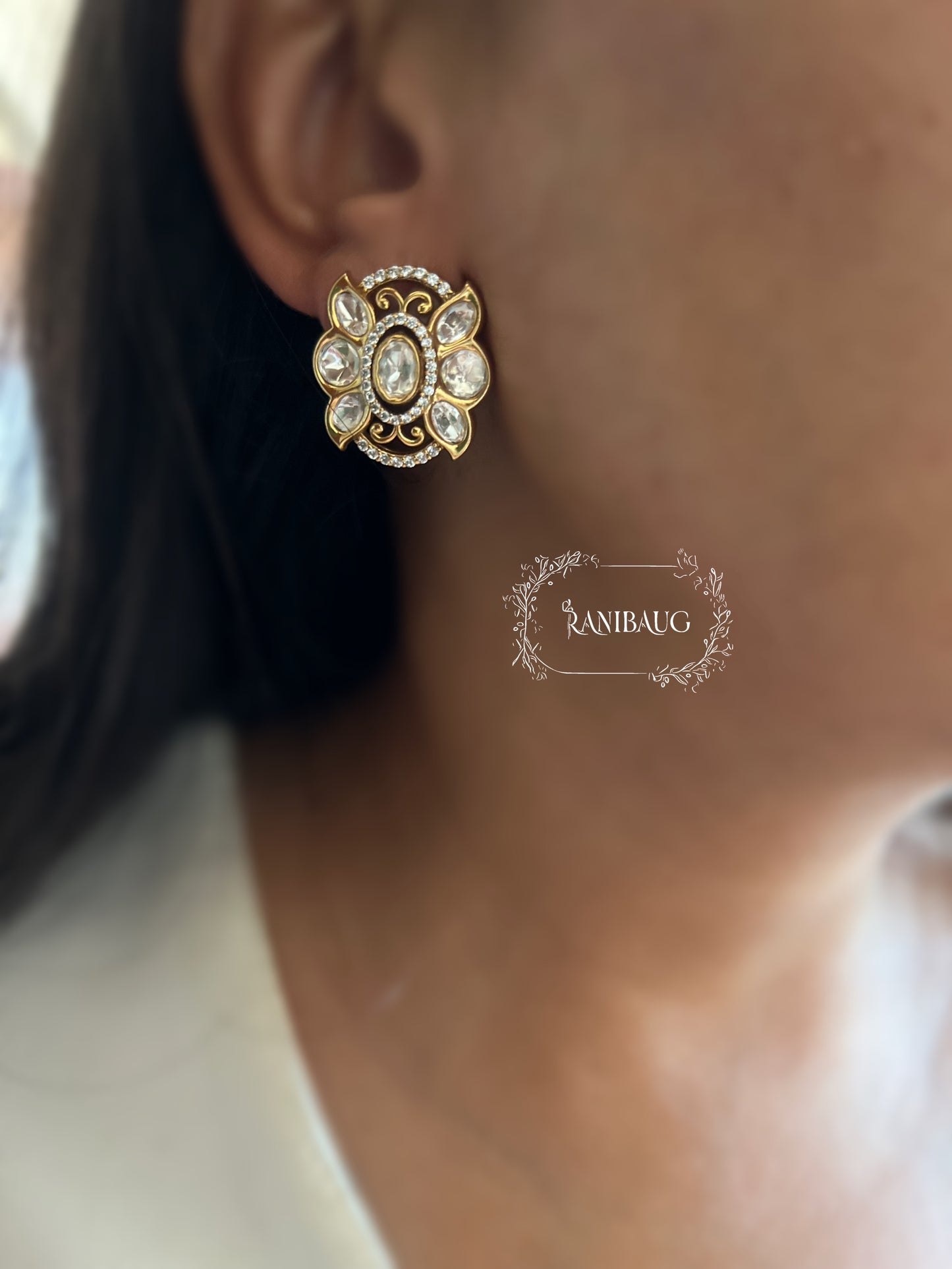 Reeva Butterfly Polki Kundan Gold Finish Designer Ear Stud Jewelry By Ranibaug