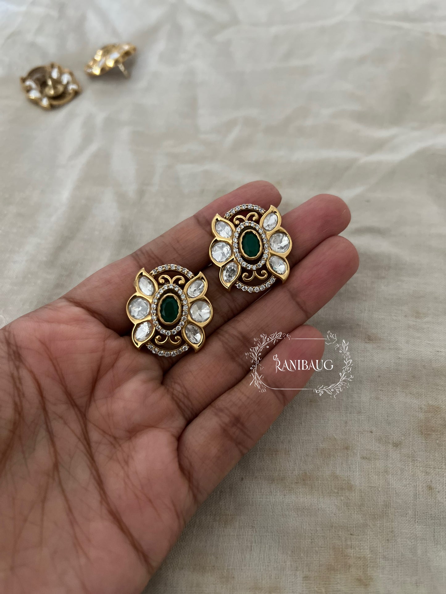 Reeva Butterfly Polki Kundan Gold Finish Designer Ear Stud Jewelry By Ranibaug