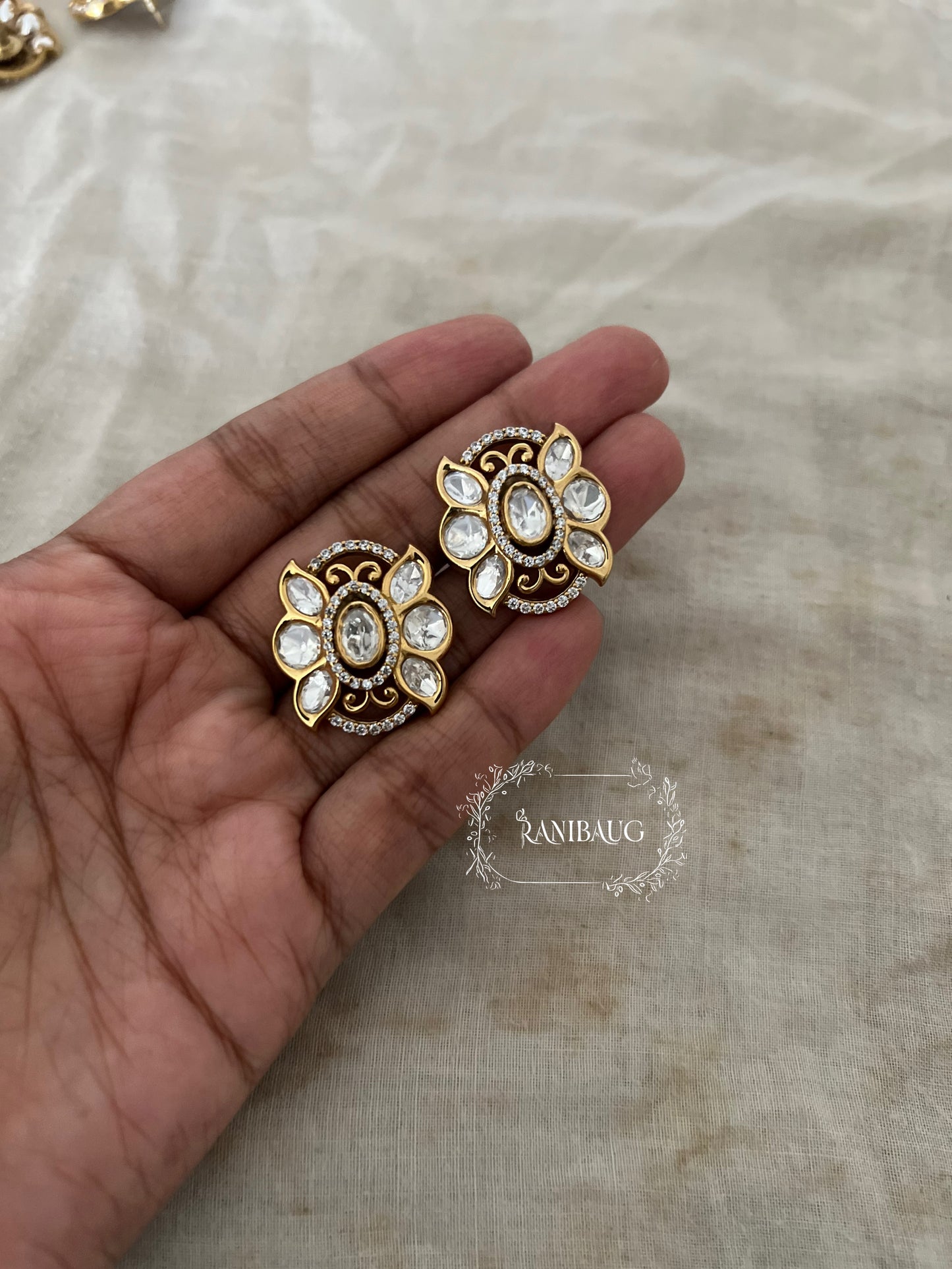 Reeva Butterfly Polki Kundan Gold Finish Designer Ear Stud Jewelry By Ranibaug