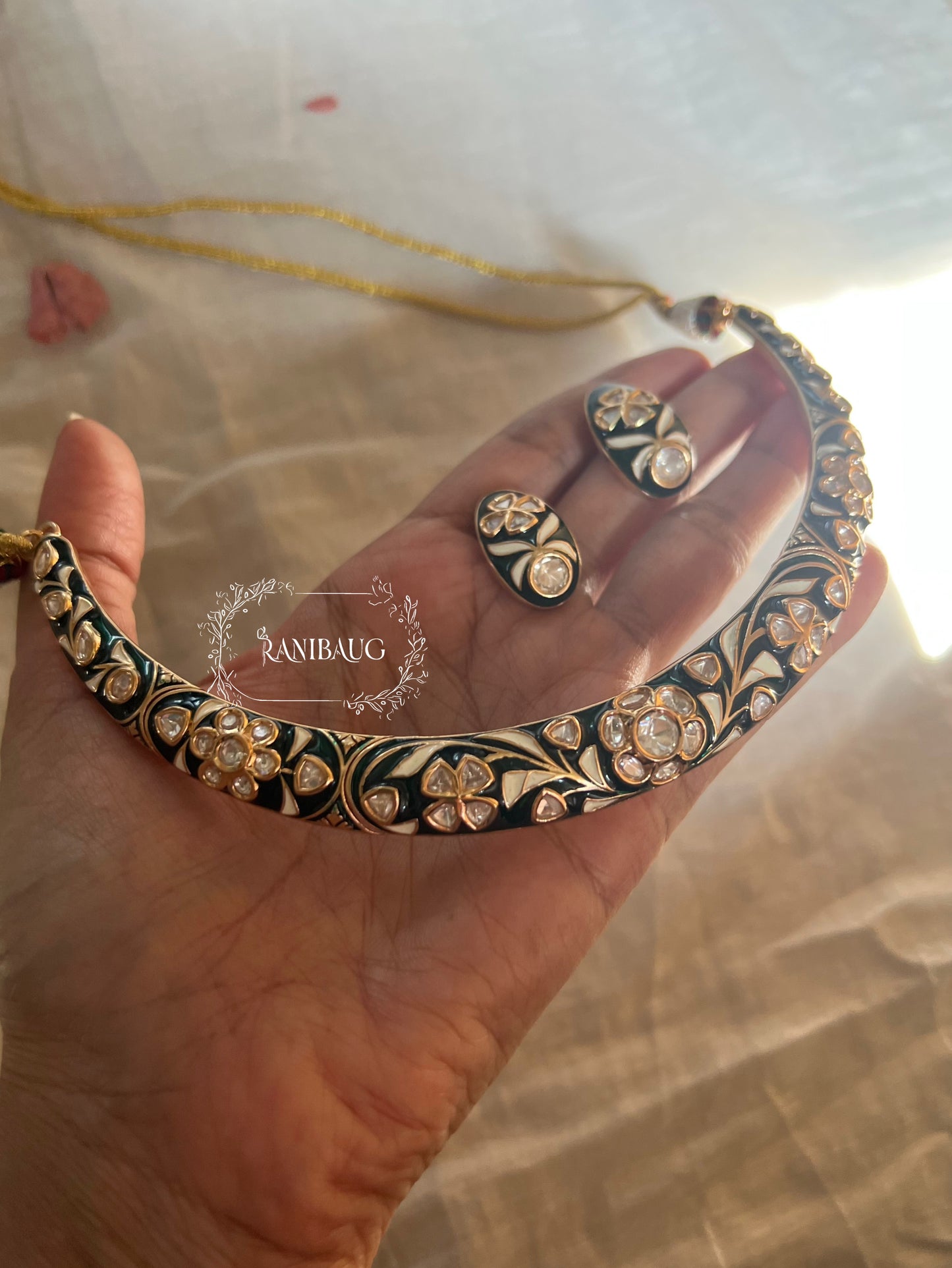 Reeva Gulnaar Enamel Floral Kundan Work Necklace Set By Ranibaug