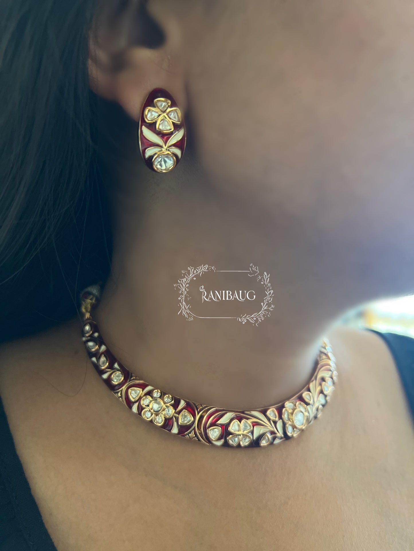 Reeva Gulnaar Enamel Floral Kundan Work Necklace Set By Ranibaug