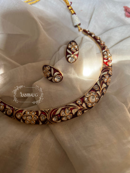 Reeva Gulnaar Enamel Floral Kundan Work Necklace Set By Ranibaug